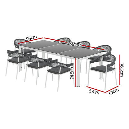 Outdoor Dining Set Steel Table Chairs Setting White-9 Piece