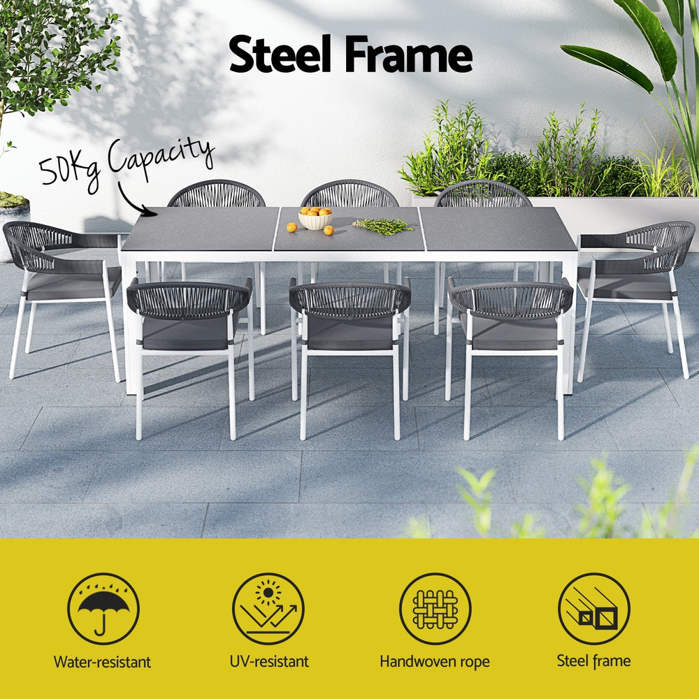 Outdoor Dining Set Steel Table Chairs Setting White-9 Piece