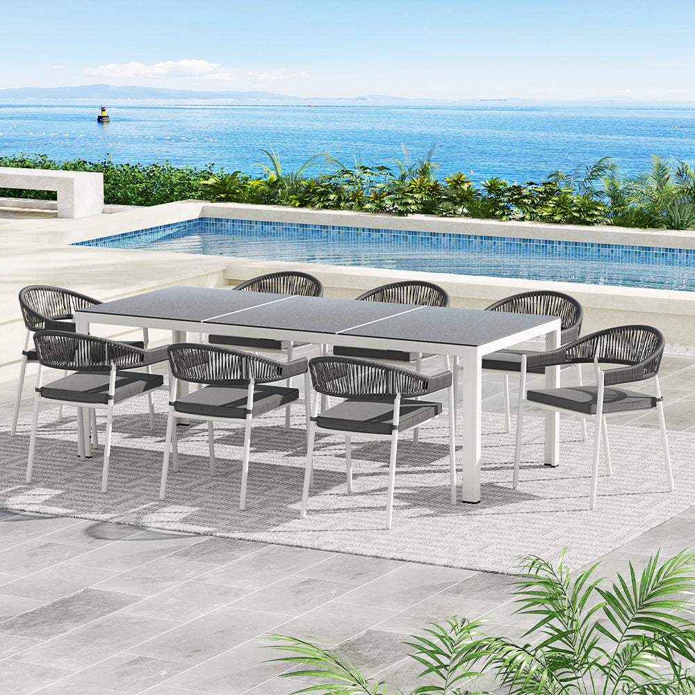 Outdoor Dining Set Steel Table Chairs Setting White-9 Piece