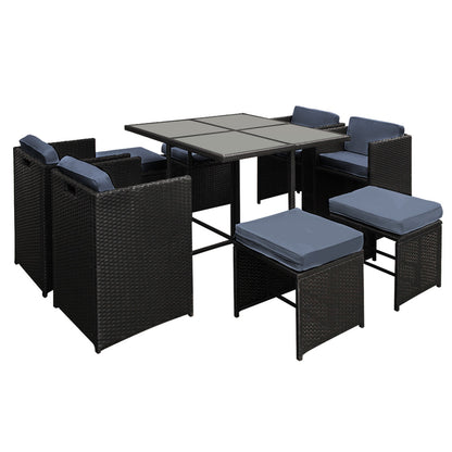 Outdoor Dining Wicker Table Chairs Setting Black-Set 9 Pieces