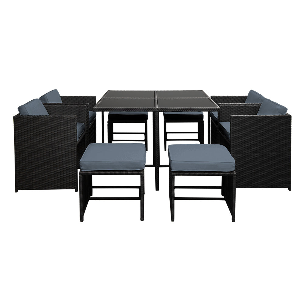 Outdoor Dining Wicker Table Chairs Setting Black-Set 9 Pieces