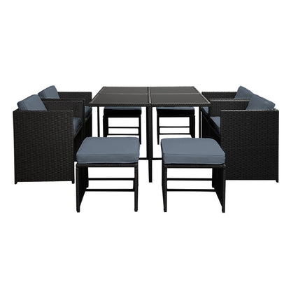 Outdoor Dining Wicker Table Chairs Setting Black-Set 9 Pieces