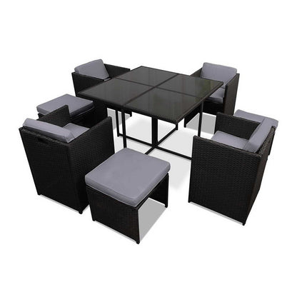 Outdoor Dining Wicker Table Chairs Setting Black-Set 9 Pieces