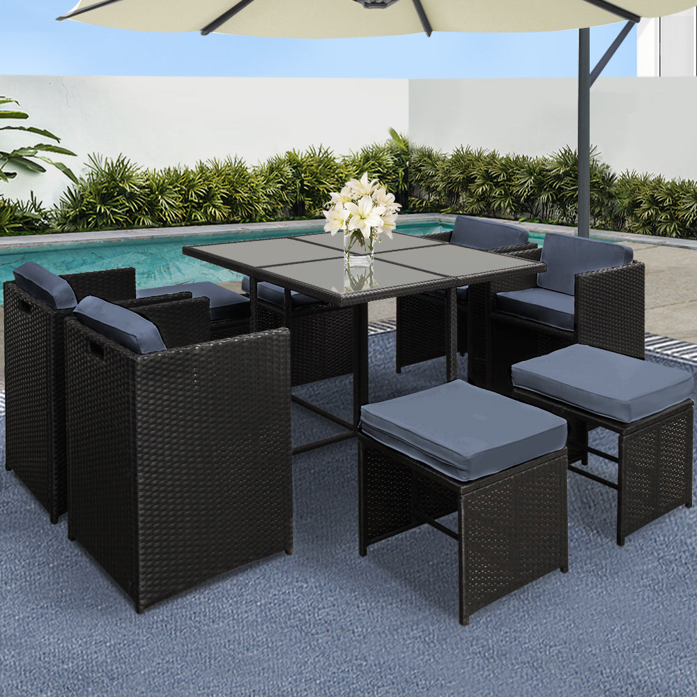 Outdoor Dining Wicker Table Chairs Setting Black-Set 9 Pieces