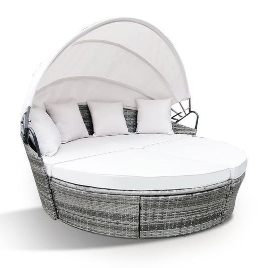 Outdoor Lounge Daybed Sofa Sun-Grey Wicker Off White Canopy