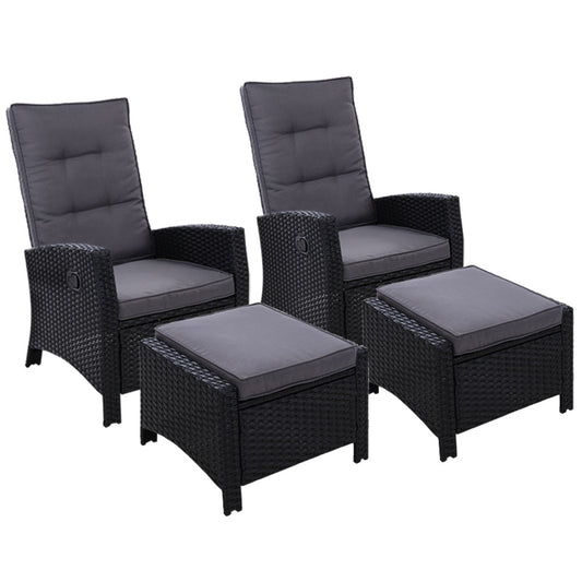 Sun lounge Recliner Chairs Wicker Adjustable Black-2PC