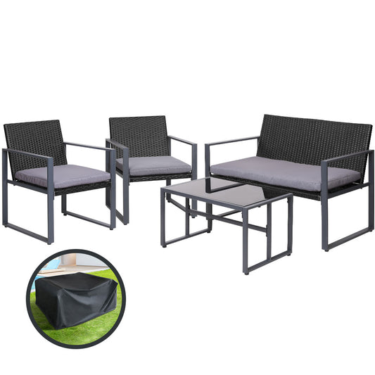 Outdoor Sofa Set Rattan Furniture with Storage Cover Chairs Black