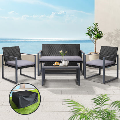 Outdoor Sofa Set Rattan Furniture with Storage Cover Chairs Black