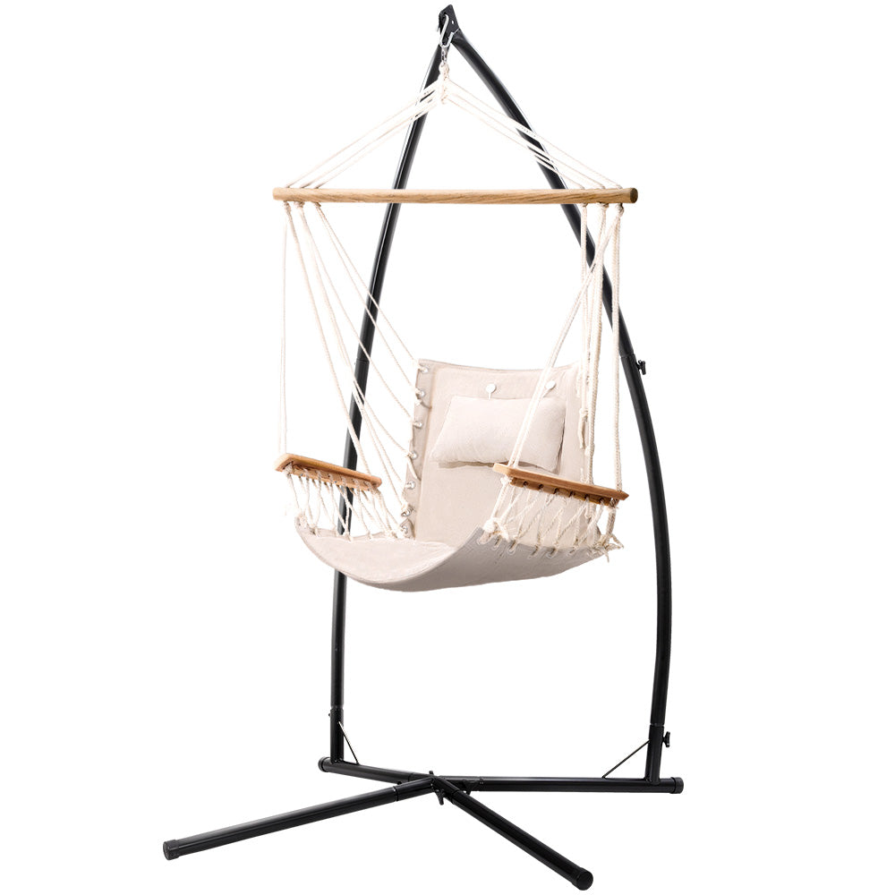 Gardeon Hammock Chair with Steel Stand Armrest Outdoor Hanging Cream