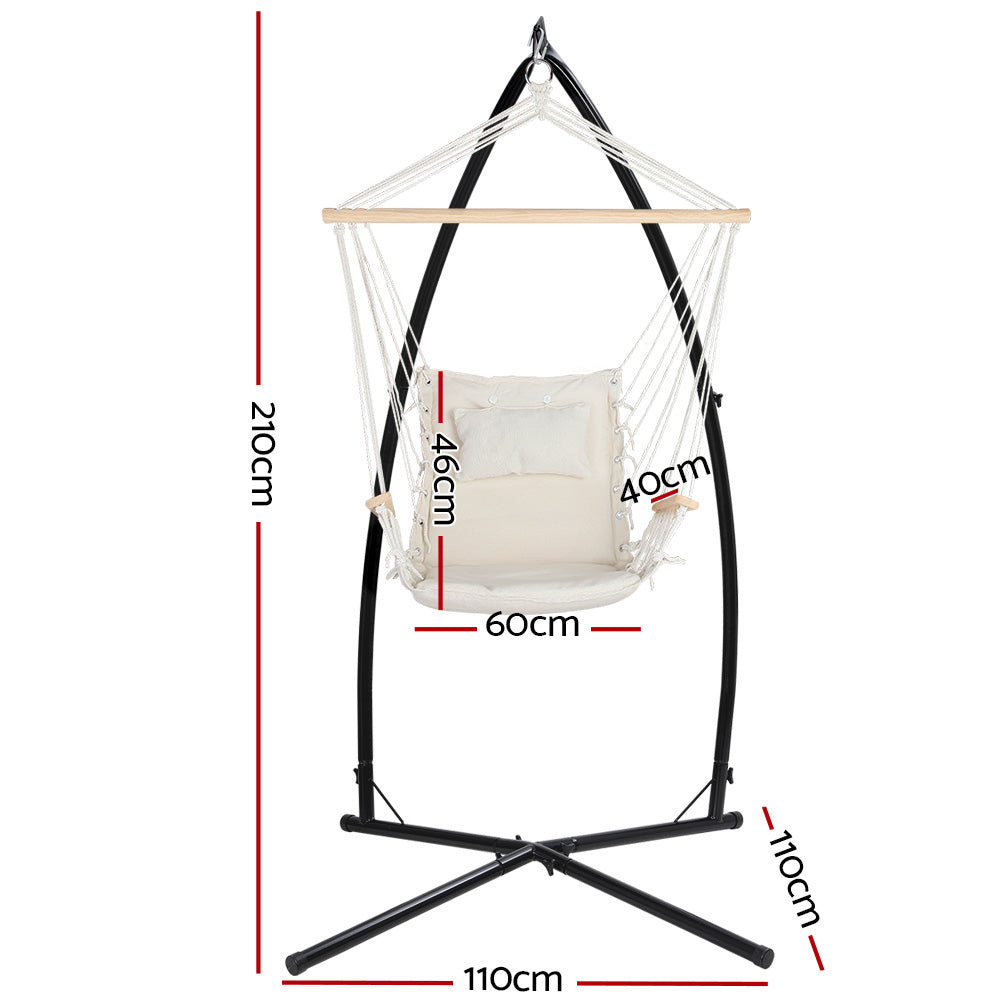 Gardeon Hammock Chair with Steel Stand Armrest Outdoor Hanging Cream