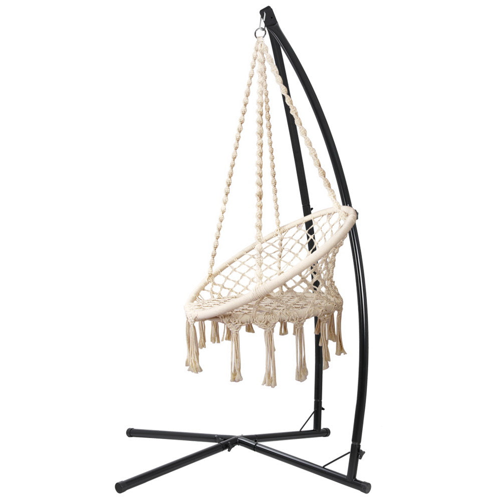 Outdoor Hammock Chair with Steel Stand Macrame Swinging Cream