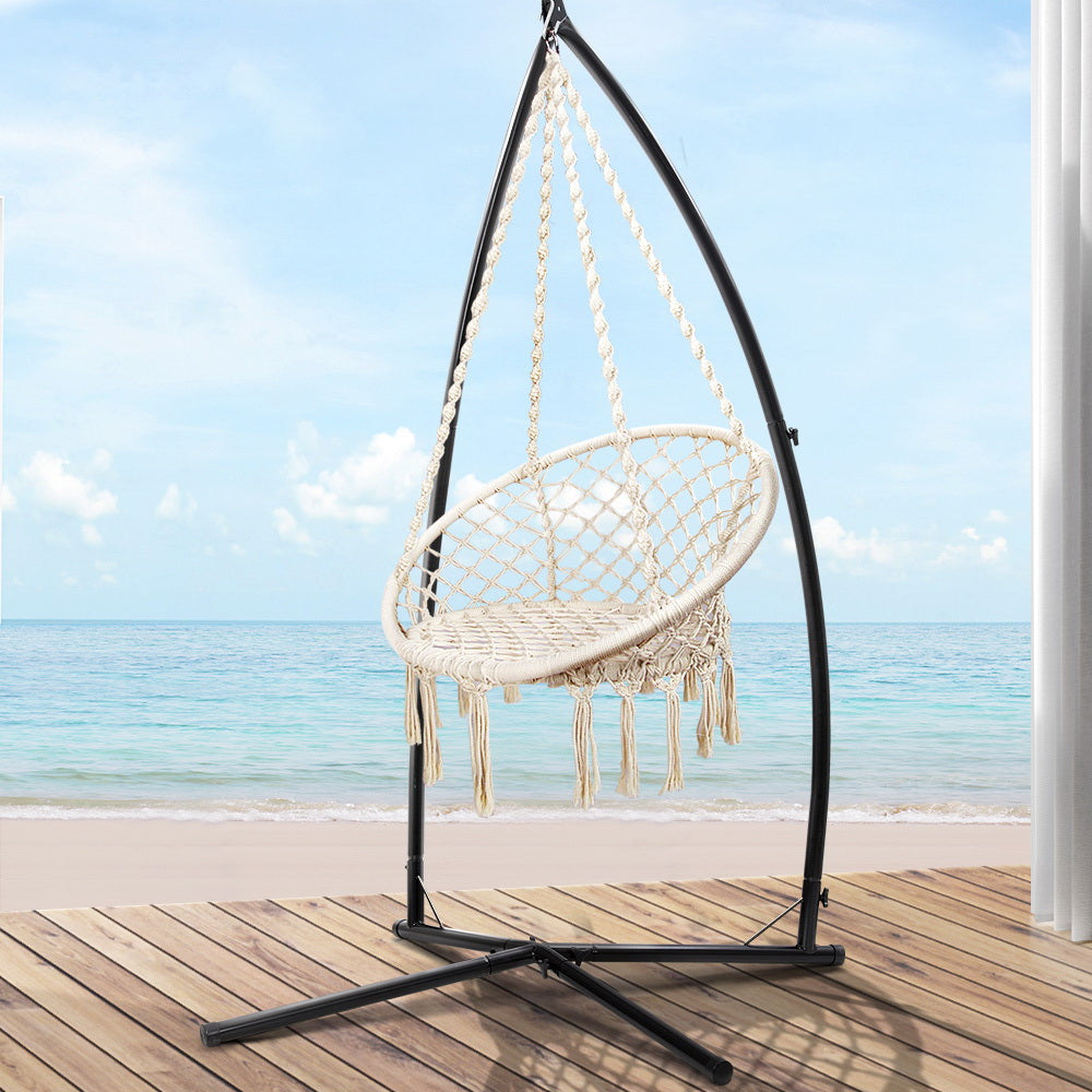 Outdoor Hammock Chair with Steel Stand Macrame Swinging Cream