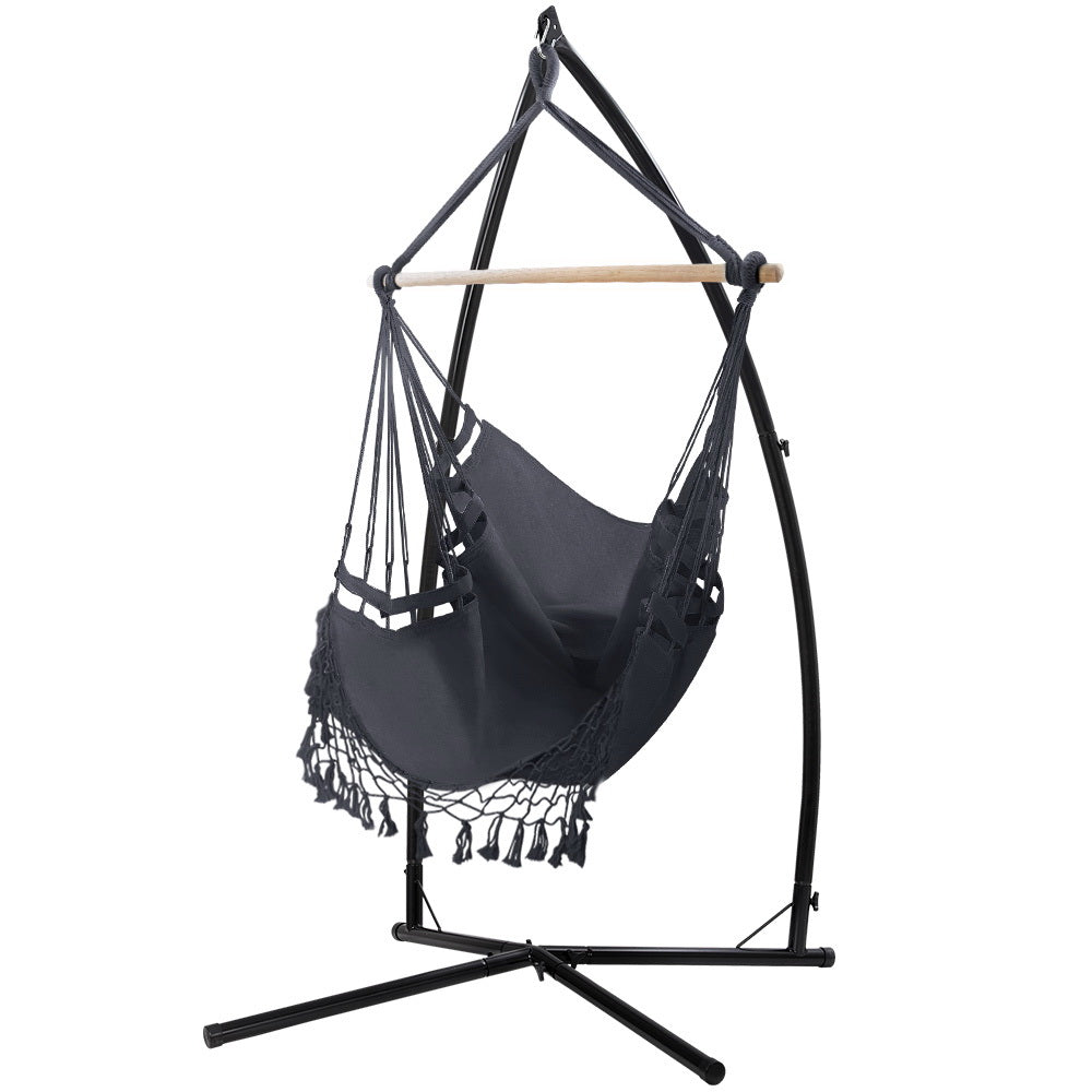 Gardeon Hammock Chair with Steel Stand Hanging Outdoor Tassel Grey