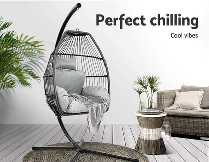 Gardeon Outdoor Egg Swing Chair Wicker Rope Furniture Pod Stand Cushion Grey