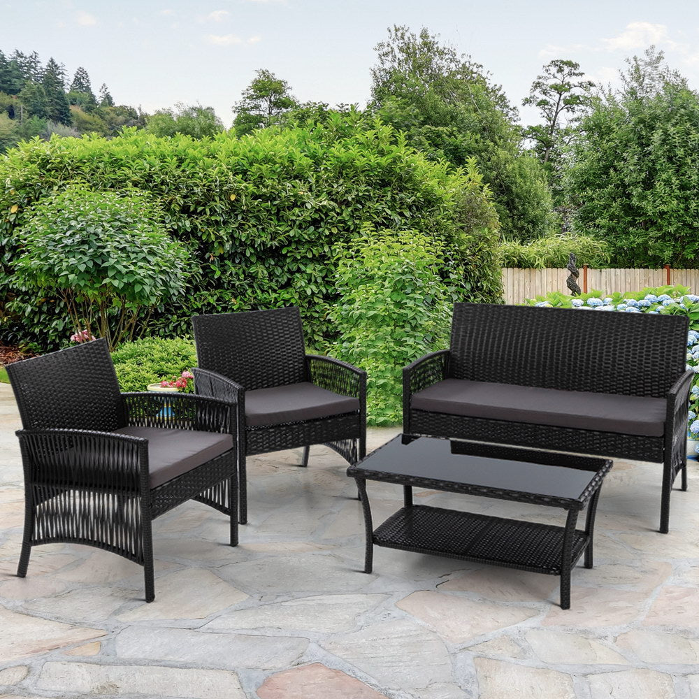 Outdoor Sofa Set Wicker Harp Chair Table Garden Furniture Black