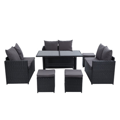 Outdoor Dining Setting Sofa Set Lounge Wicker 9 Seater Black