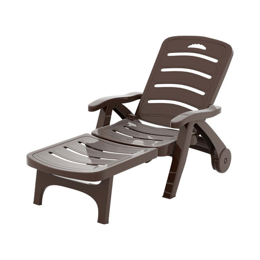 Sun Lounger Folding Lounge Chair Wheels-Brown