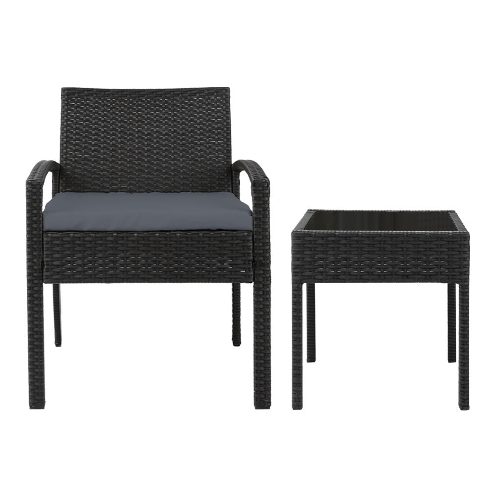 Gardeon 3PC Patio Furniture Bistro Set Wicker Outdoor Lounge Setting Black